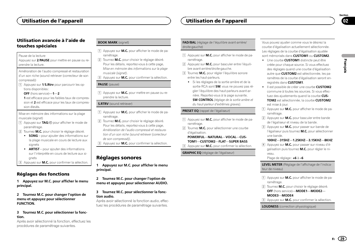 Réglages sonores, Utilisation de l ’appareil 02, Utilisation de l ’appareil | Pioneer DEH-6300UB User Manual | Page 29 / 60