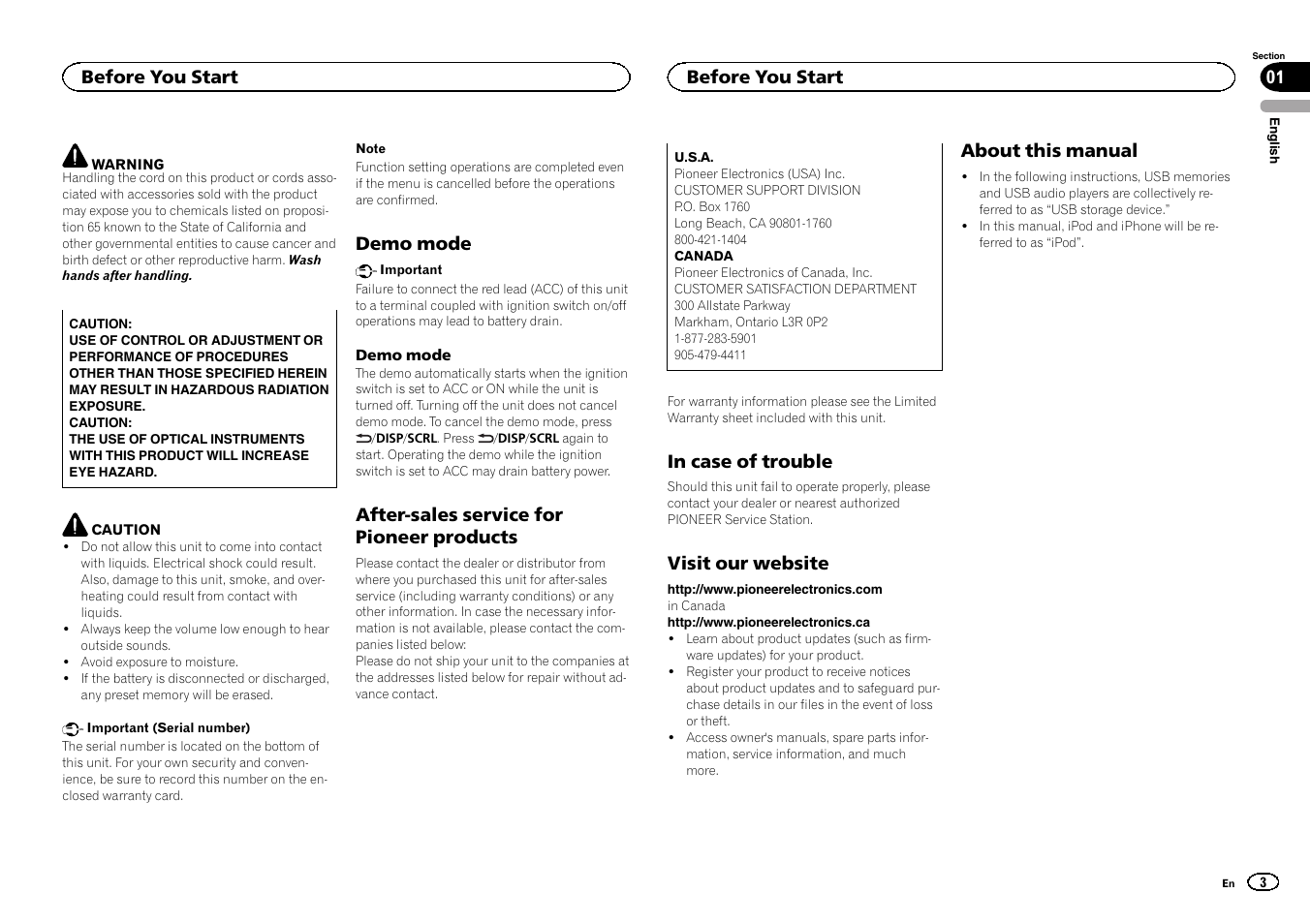 Demo mode, After-sales service for pioneer, Products | In case of trouble, Visit our website, About this manual | Pioneer DEH-6300UB User Manual | Page 3 / 60