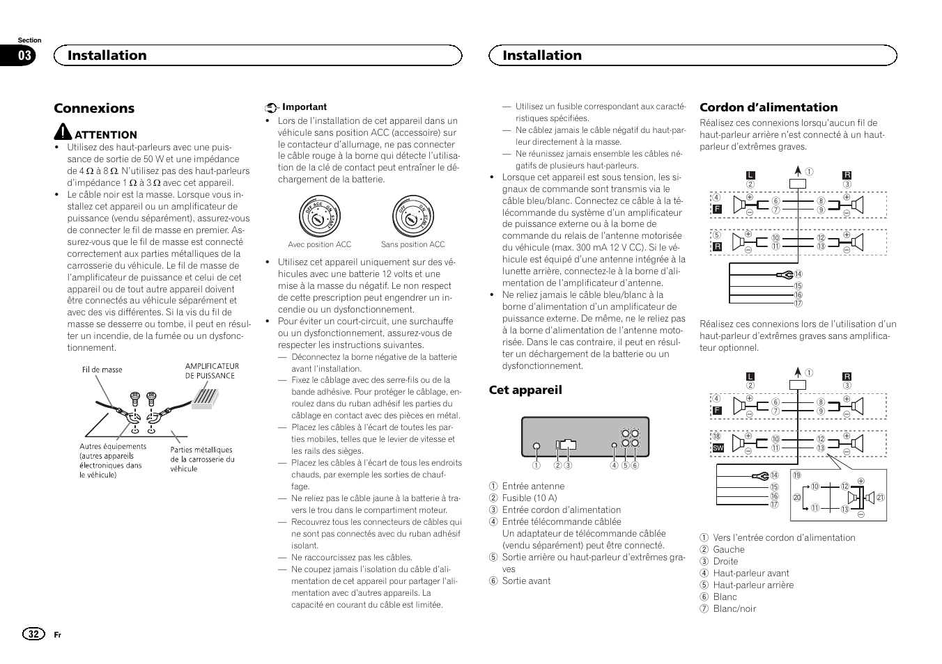 Installation connexions, Connexions, Installation 03 | Installation | Pioneer DEH-6300UB User Manual | Page 32 / 60