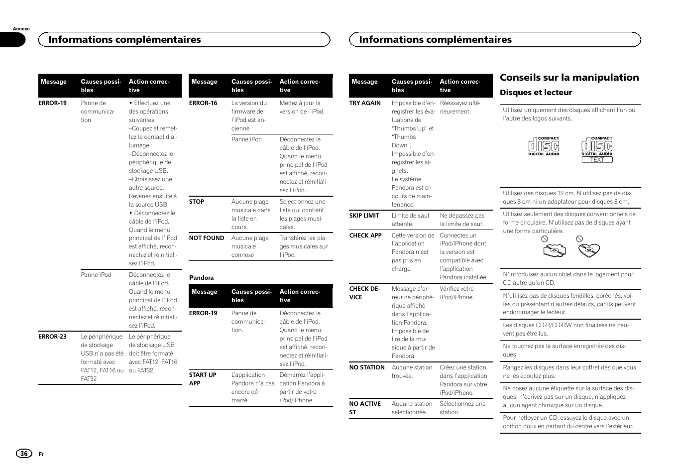Conseils sur la manipulation, Informations complémentaires | Pioneer DEH-6300UB User Manual | Page 36 / 60