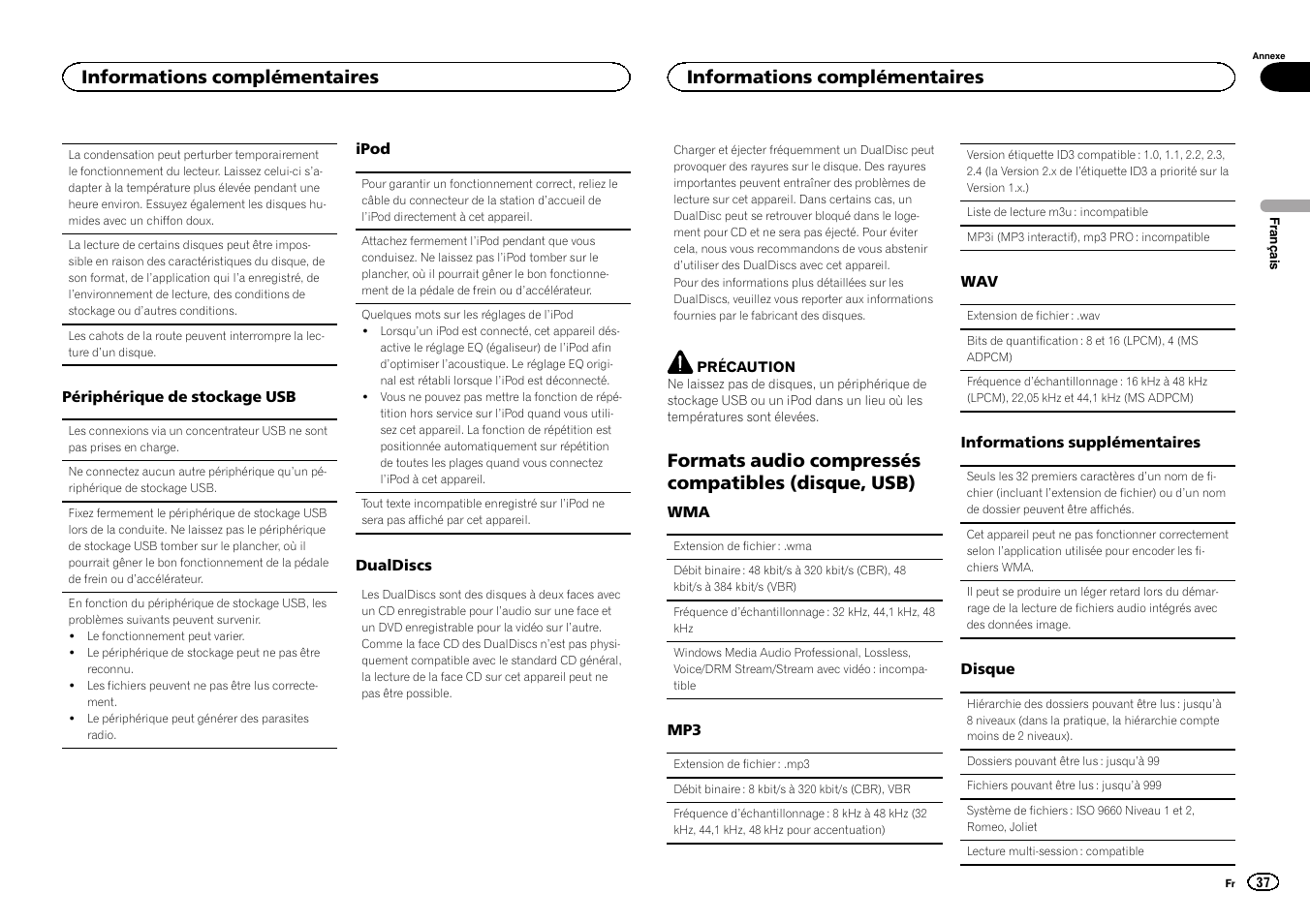 Formats audio compressés compatibles, Disque, usb), Formats audio compressés compatibles (disque, usb) | Informations complémentaires | Pioneer DEH-6300UB User Manual | Page 37 / 60