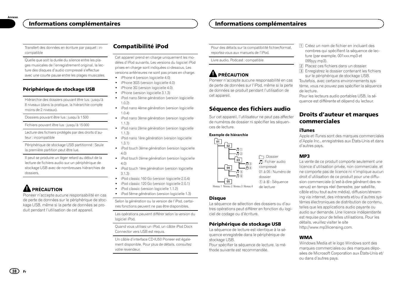 Compatibilité ipod, Séquence des fichiers audio, Droits d | Auteur et marques, Commerciales, Droits d ’auteur et marques commerciales, Informations complémentaires | Pioneer DEH-6300UB User Manual | Page 38 / 60