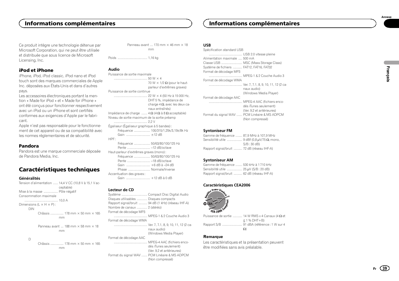 Caractéristiques techniques, Informations complémentaires | Pioneer DEH-6300UB User Manual | Page 39 / 60