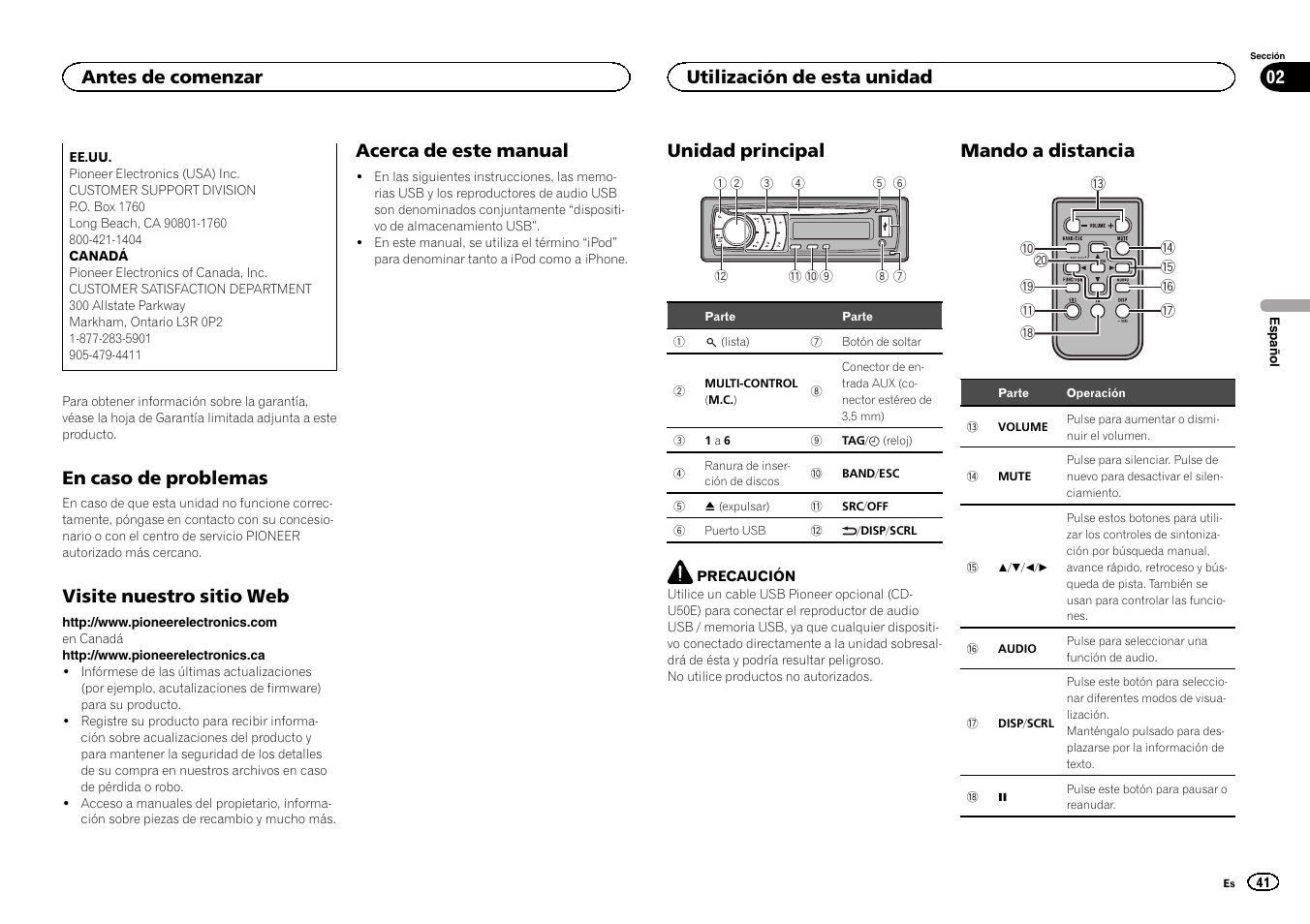 En caso de problemas, Visite nuestro sitio web, Acerca de este manual | Utilización de esta unidad unidad principal, Mando a distancia, Unidad principal, Antes de comenzar 02, Utilización de esta unidad | Pioneer DEH-6300UB User Manual | Page 41 / 60