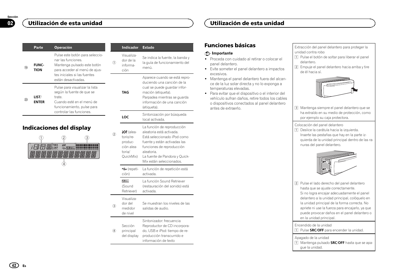 Indicaciones del display, Funciones básicas, Utilización de esta unidad 02 | Utilización de esta unidad | Pioneer DEH-6300UB User Manual | Page 42 / 60