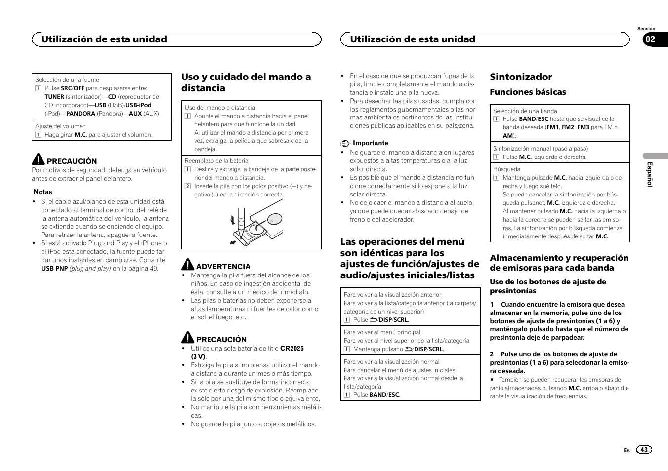 Uso y cuidado del mando a distancia, Las operaciones del menú son idénticas, Sintonizador | Utilización de esta unidad 02, Utilización de esta unidad | Pioneer DEH-6300UB User Manual | Page 43 / 60