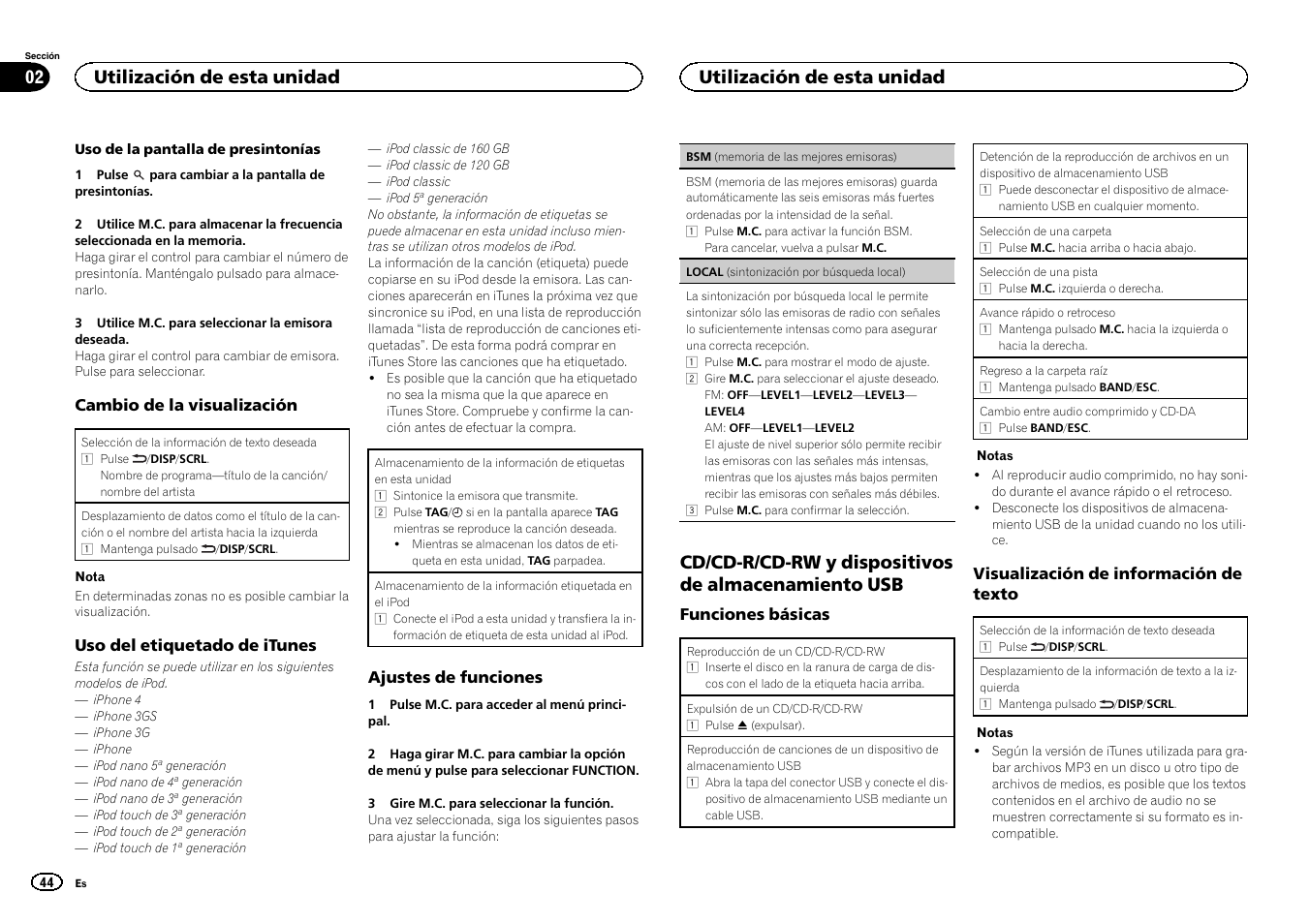 Cd/cd-r/cd-rw y dispositivos de, Almacenamiento usb, Cd/cd-r/cd-rw y dispositivos de almacenamiento usb | Utilización de esta unidad 02, Utilización de esta unidad | Pioneer DEH-6300UB User Manual | Page 44 / 60