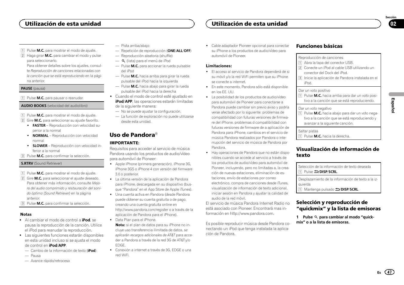 Uso de pandora, Utilización de esta unidad 02, Utilización de esta unidad | Pioneer DEH-6300UB User Manual | Page 47 / 60