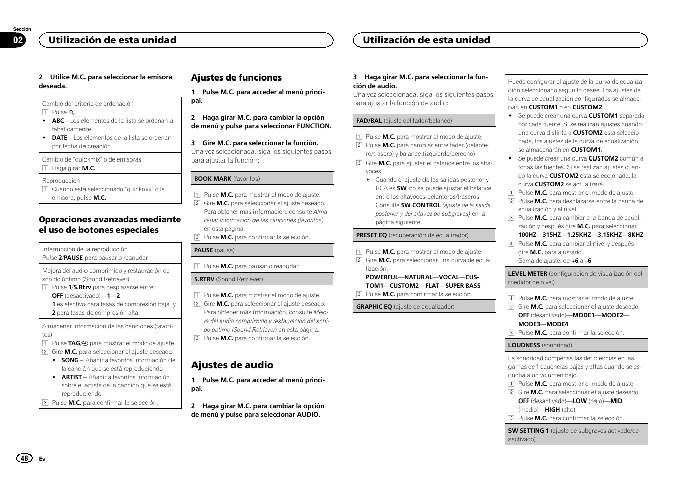 Ajustes de audio, Utilización de esta unidad 02, Utilización de esta unidad | Pioneer DEH-6300UB User Manual | Page 48 / 60