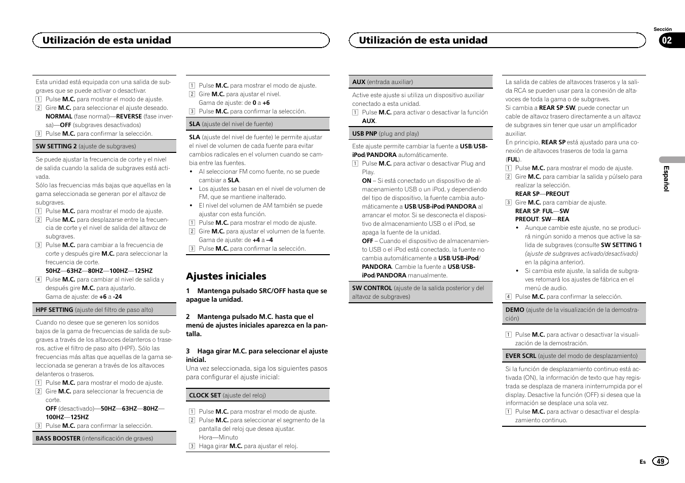 Ajustes iniciales, Sw control (ajuste de la salida, Utilización de esta unidad 02 | Utilización de esta unidad | Pioneer DEH-6300UB User Manual | Page 49 / 60