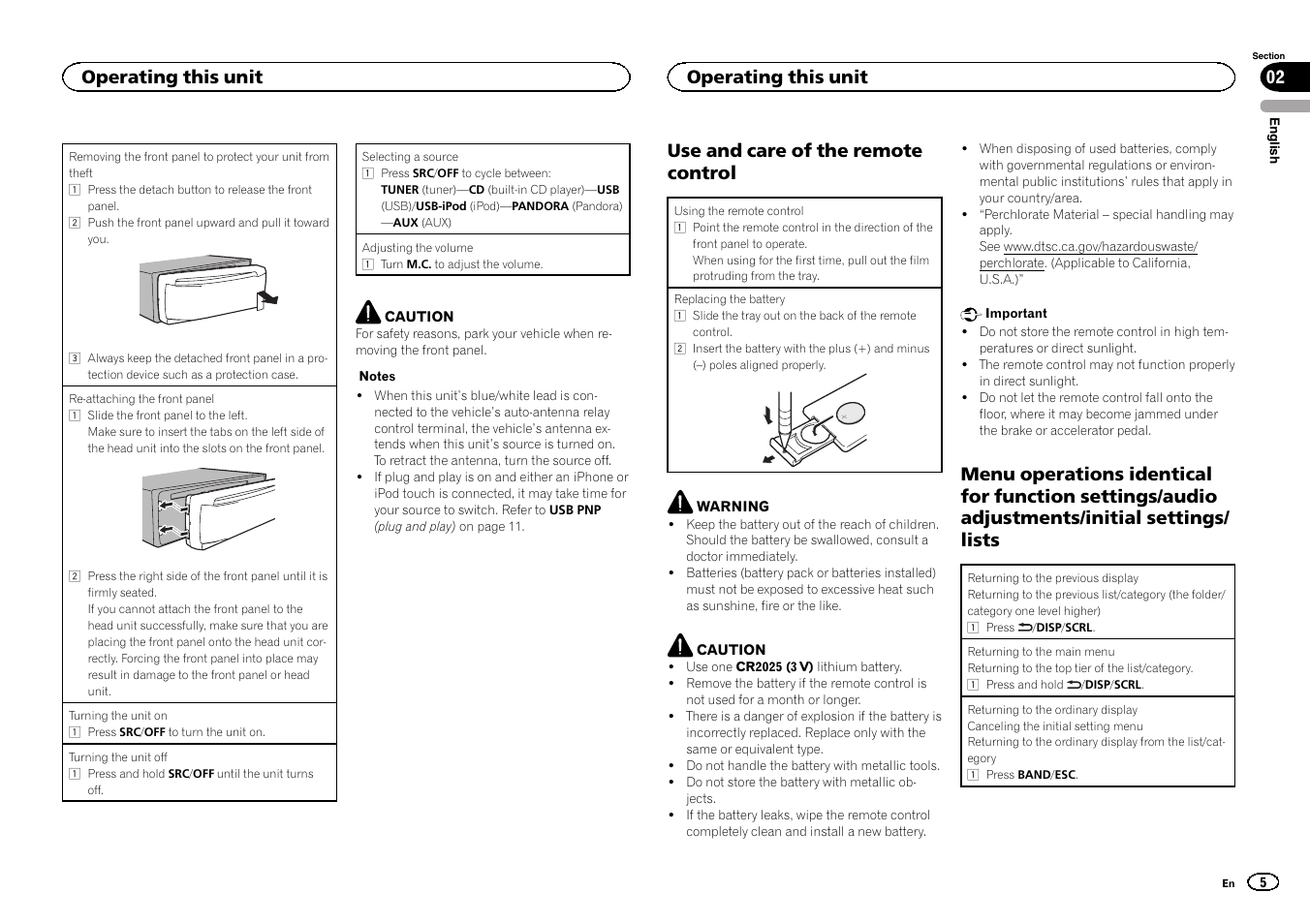 Use and care of the remote control, Menu operations identical for function, Settings/audio adjustments/initial settings/lists | Operating this unit 02, Operating this unit | Pioneer DEH-6300UB User Manual | Page 5 / 60