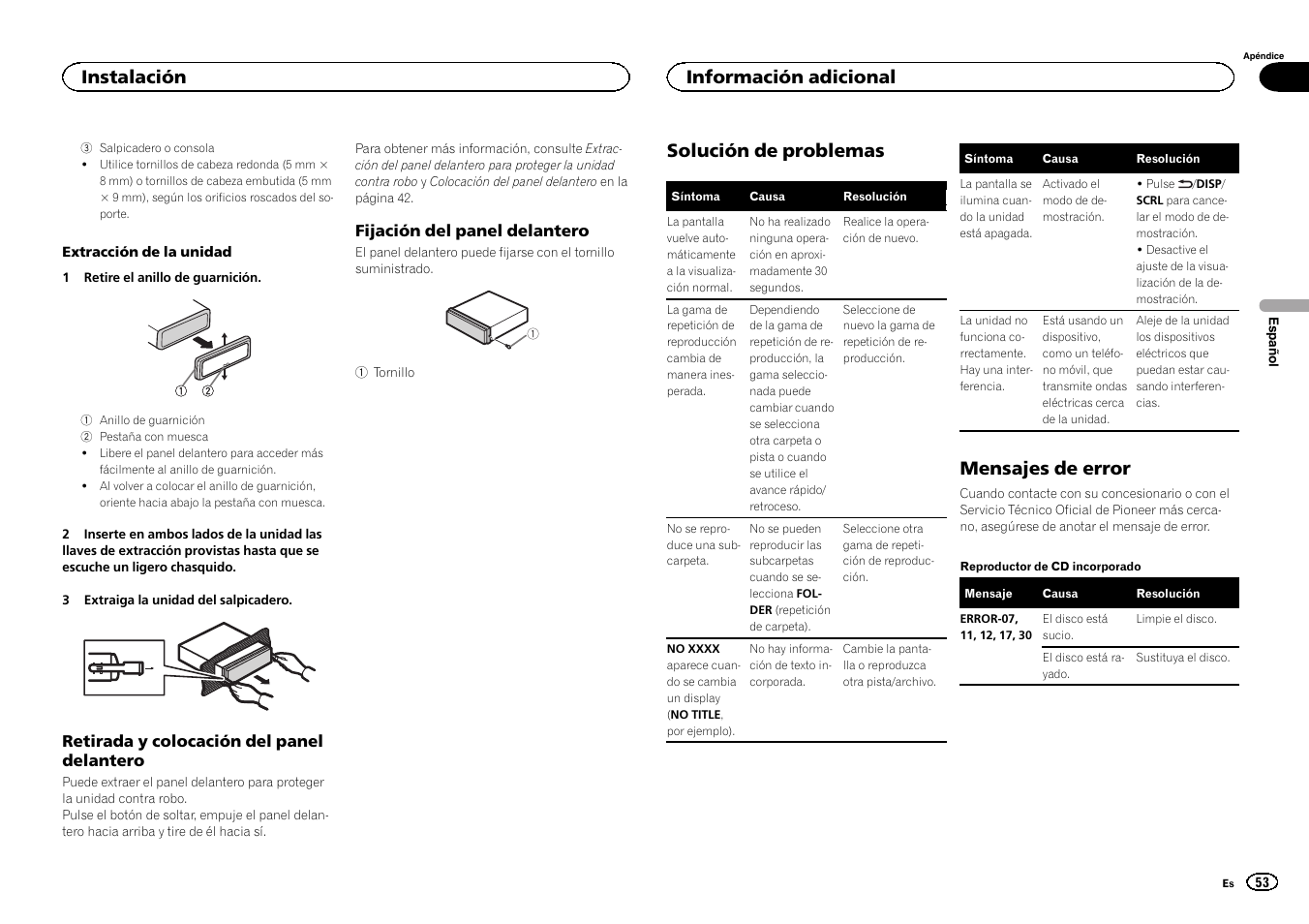 Información adicional solución de problemas, Mensajes de error, Solución de problemas | Instalación, Información adicional | Pioneer DEH-6300UB User Manual | Page 53 / 60