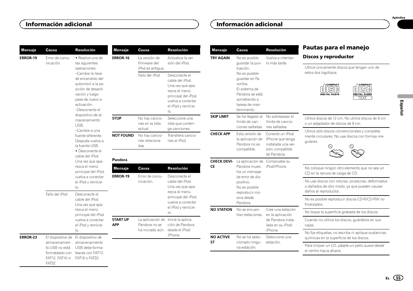 Pautas para el manejo, Información adicional | Pioneer DEH-6300UB User Manual | Page 55 / 60