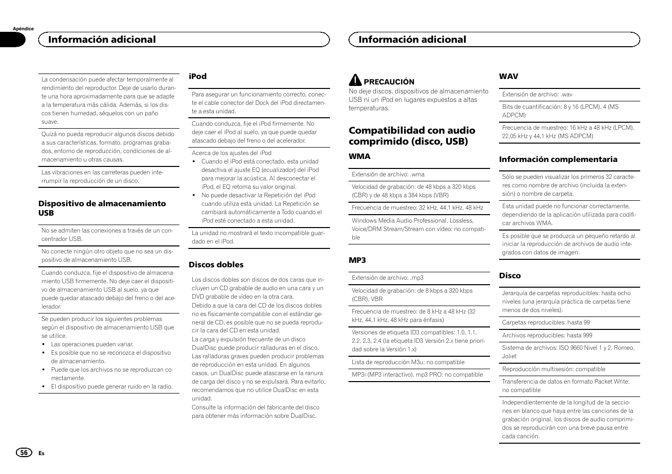 Compatibilidad con audio comprimido, Disco, usb), Compatibilidad con audio comprimido (disco, usb) | Información adicional | Pioneer DEH-6300UB User Manual | Page 56 / 60