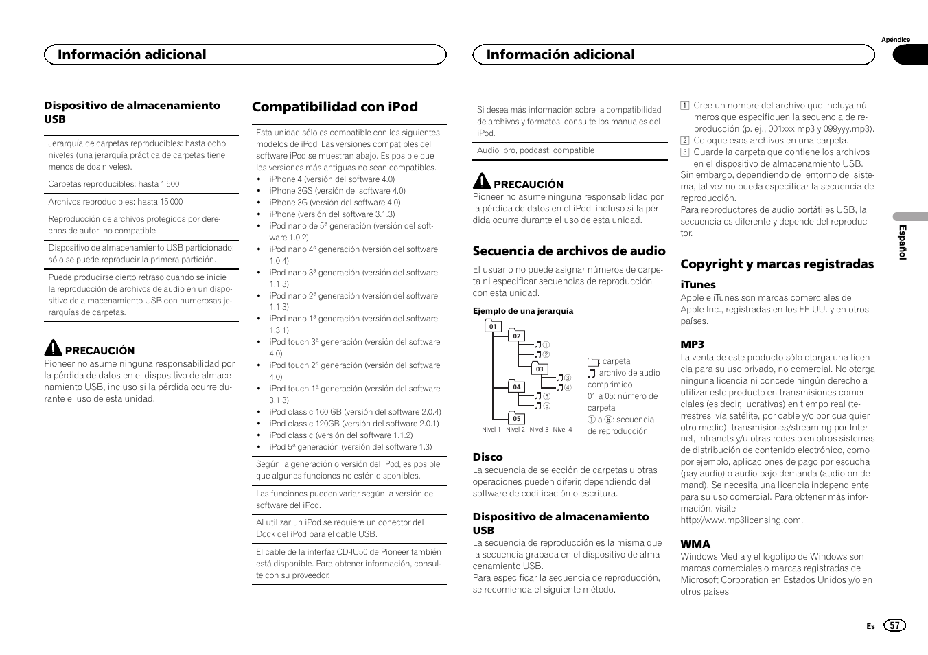 Compatibilidad con ipod, Secuencia de archivos de audio, Copyright y marcas registradas | Información adicional | Pioneer DEH-6300UB User Manual | Page 57 / 60