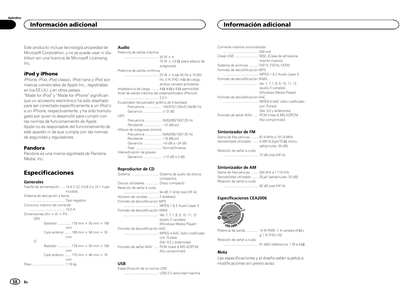 Especificaciones, Información adicional, Ipod y iphone | Pandora | Pioneer DEH-6300UB User Manual | Page 58 / 60