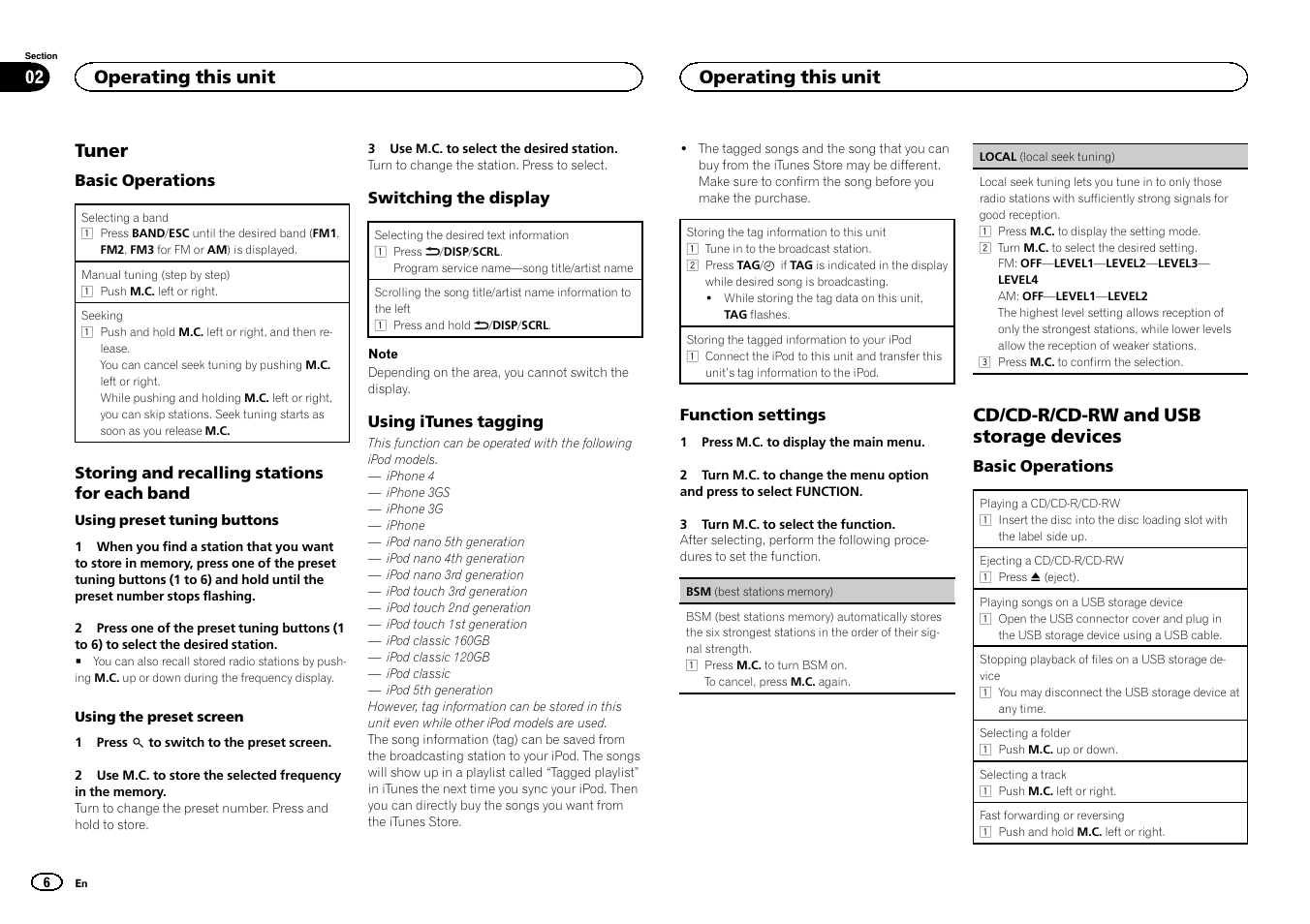 Tuner, Cd/cd-r/cd-rw and usb storage, Devices | Cd/cd-r/cd-rw and usb storage devices, Operating this unit 02, Operating this unit | Pioneer DEH-6300UB User Manual | Page 6 / 60