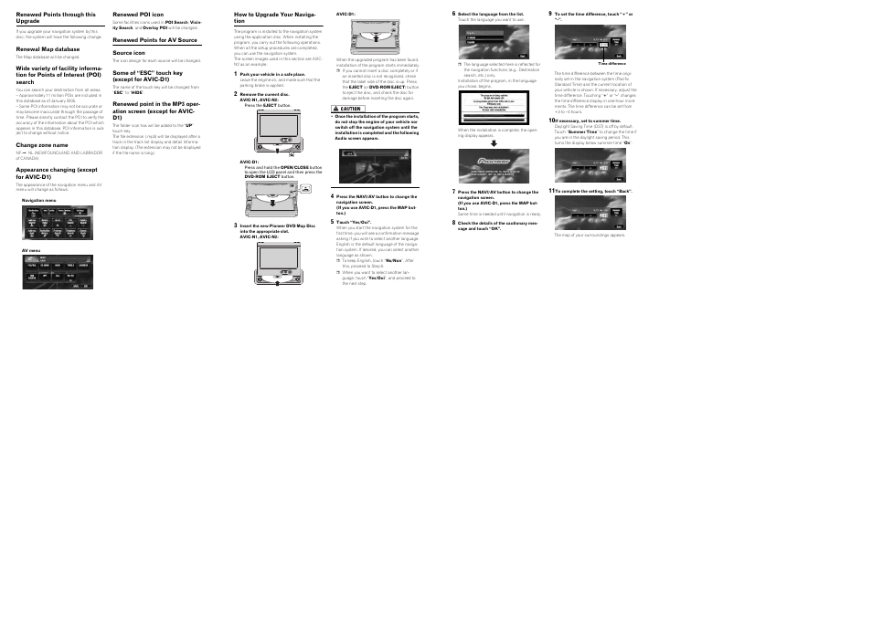 Renewed points through this upgrade, Renewal map database, Change zone name | Appearance changing (except for avic-d1), Renewed poi icon, Renewed points for av source, Source icon, Some of “esc” touch key (except for avic-d1), How to upgrade your navigation, 1 park your vehicle in a safe place | Pioneer DVD Map AVIC-D1 User Manual | Page 2 / 2