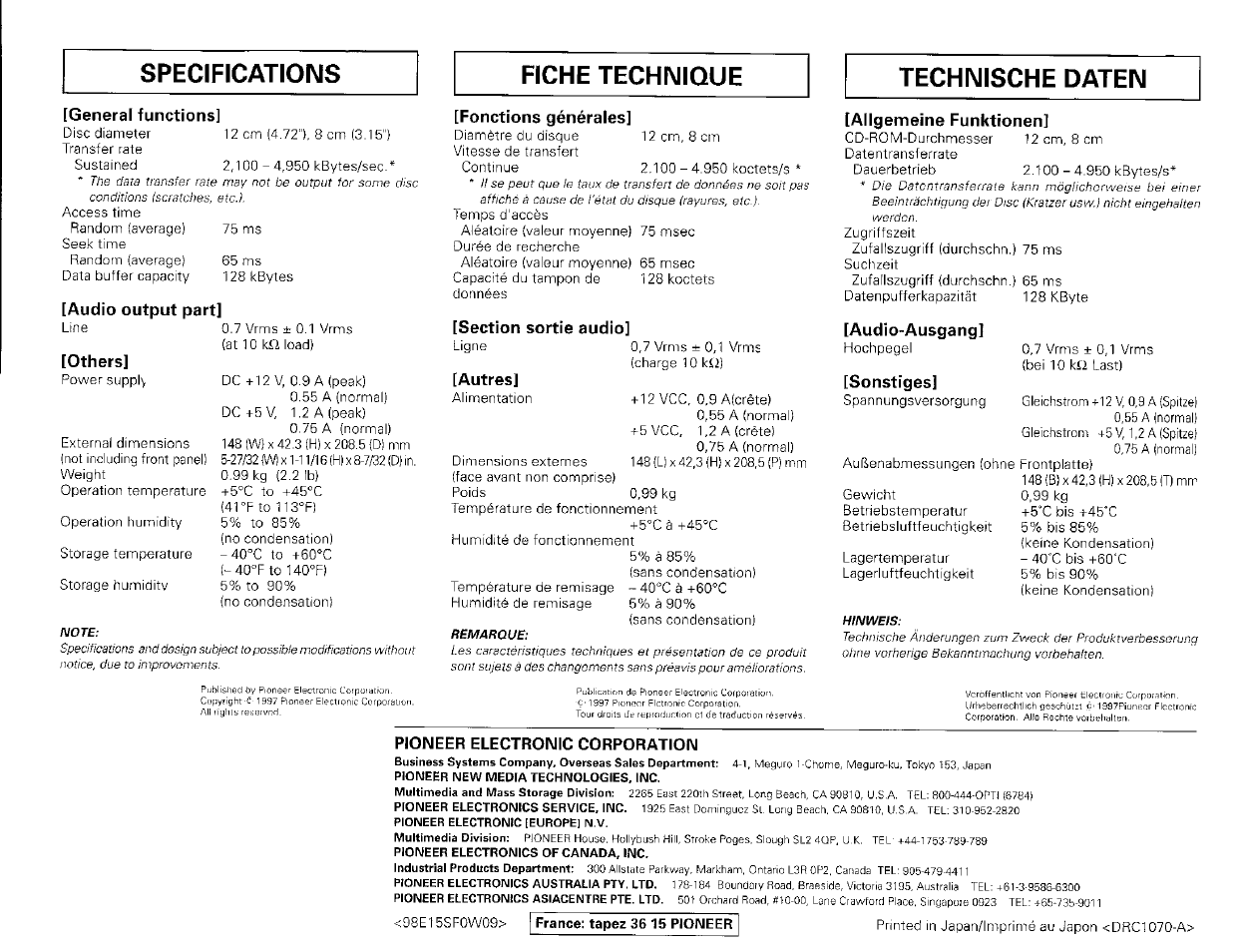 General functions, Fonctions générales, Allgemeine funktionen | Pioneer electronic corporation, Specifications fiche technique technische daten | Pioneer DR-504S User Manual | Page 2 / 8