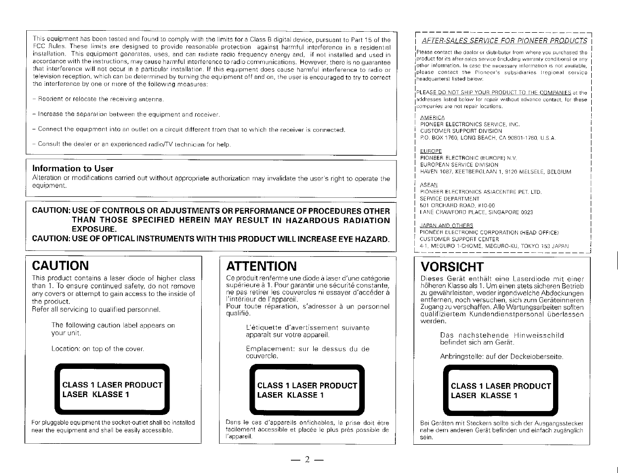 Information to user, Caution, Attention | Vorsicht | Pioneer DR-504S User Manual | Page 8 / 8