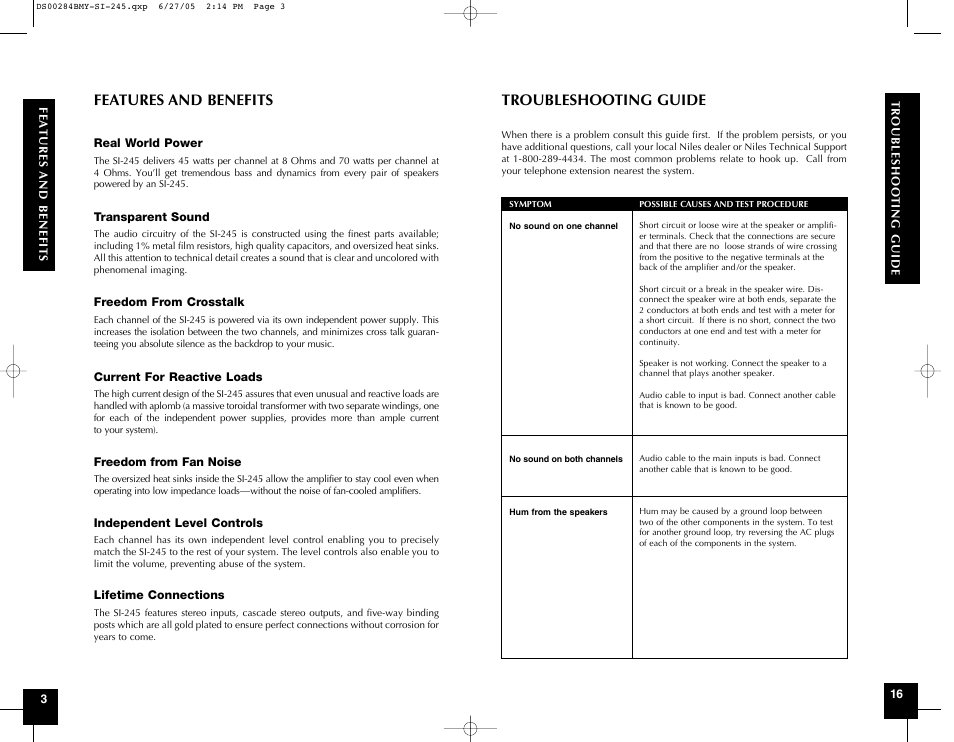 Features and benefits, Troubleshooting guide | Pioneer SI-245 User Manual | Page 17 / 20