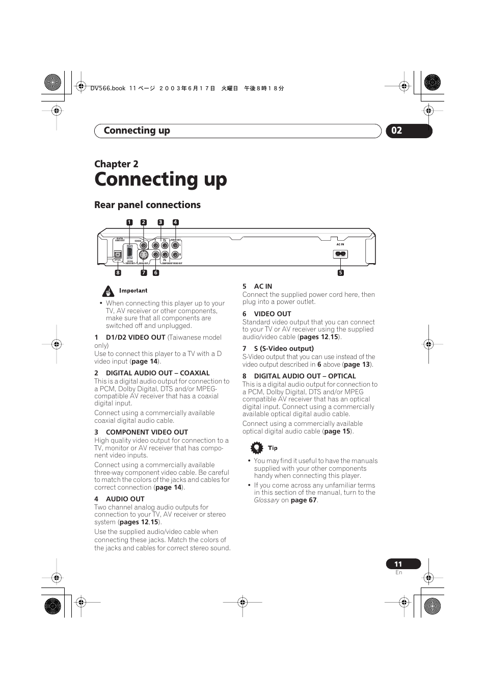 02 connecting up, Rear panel connections, Connecting up | Connecting up 02, Chapter 2 | Pioneer DV-566K-s User Manual | Page 11 / 76