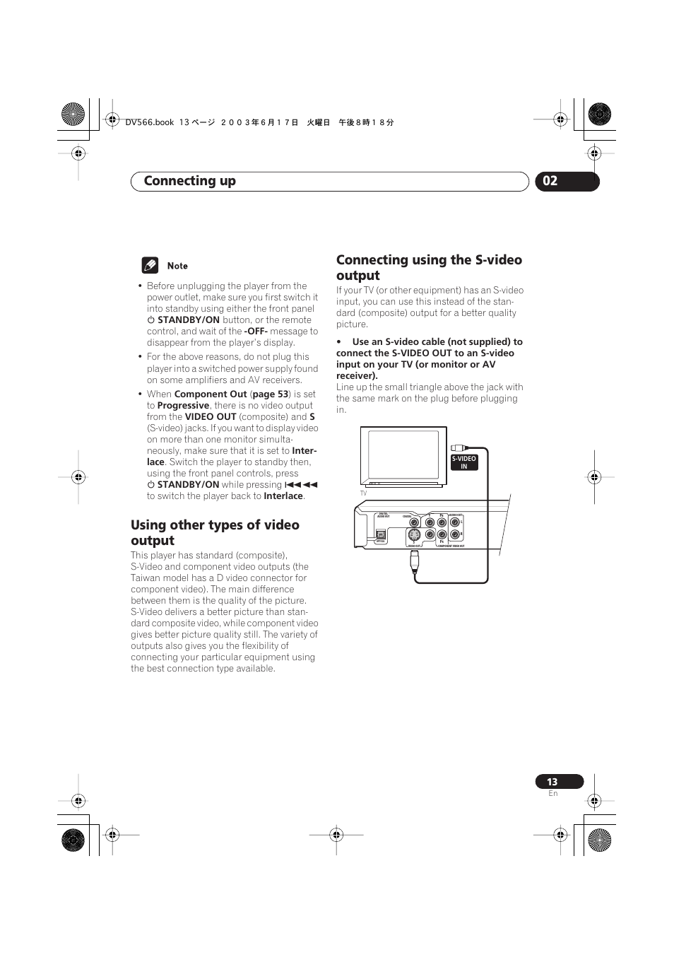 Using other types of video output, Connecting using the s-video output, Connecting up 02 | Pioneer DV-566K-s User Manual | Page 13 / 76