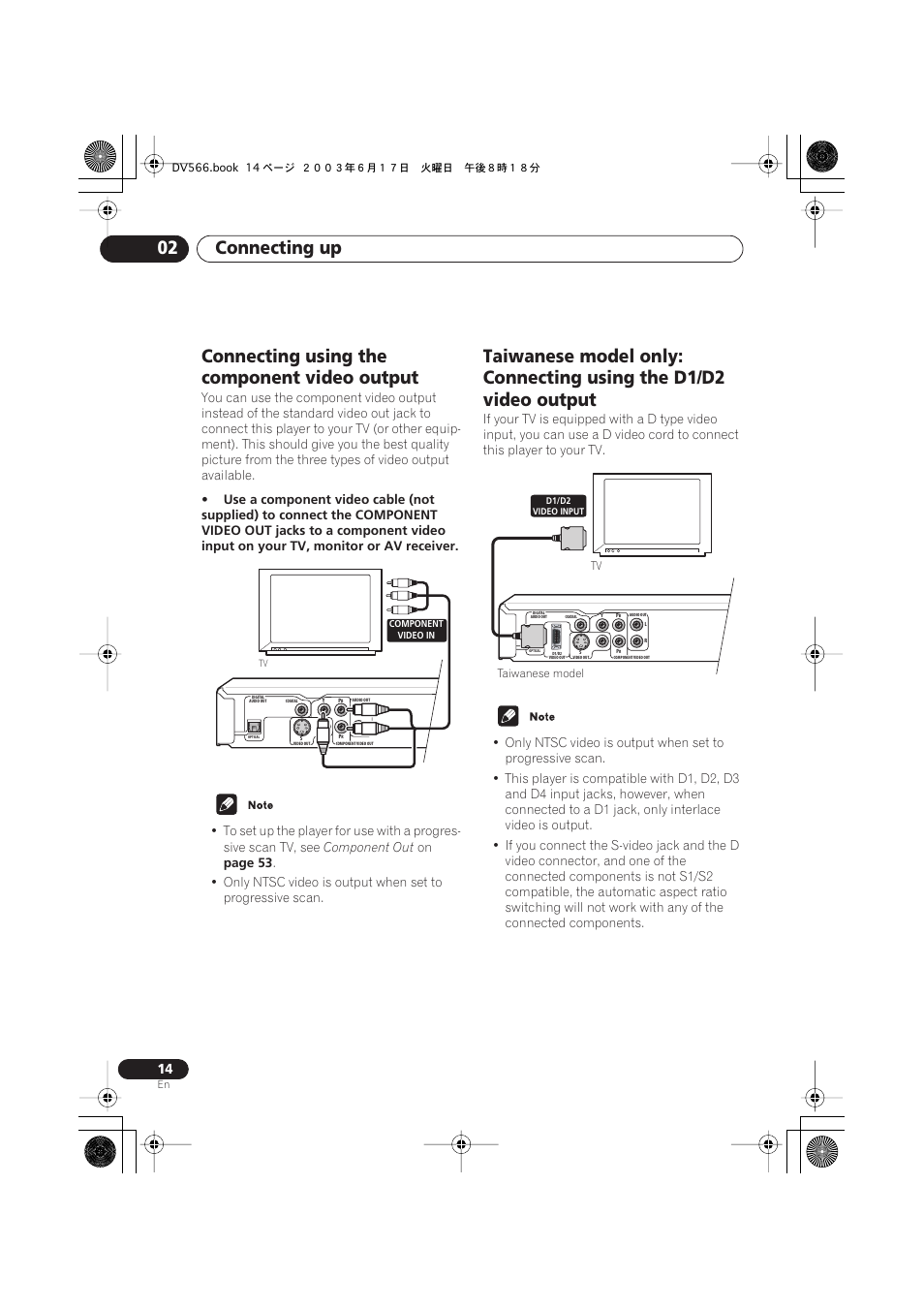 Connecting using the component video output, Connecting up 02 | Pioneer DV-566K-s User Manual | Page 14 / 76