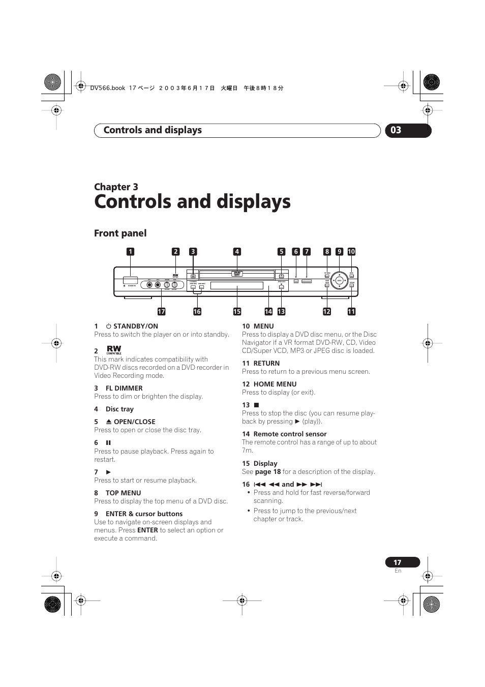 03 controls and displays, Front panel, Controls and displays | Controls and displays 03, Chapter 3 | Pioneer DV-566K-s User Manual | Page 17 / 76