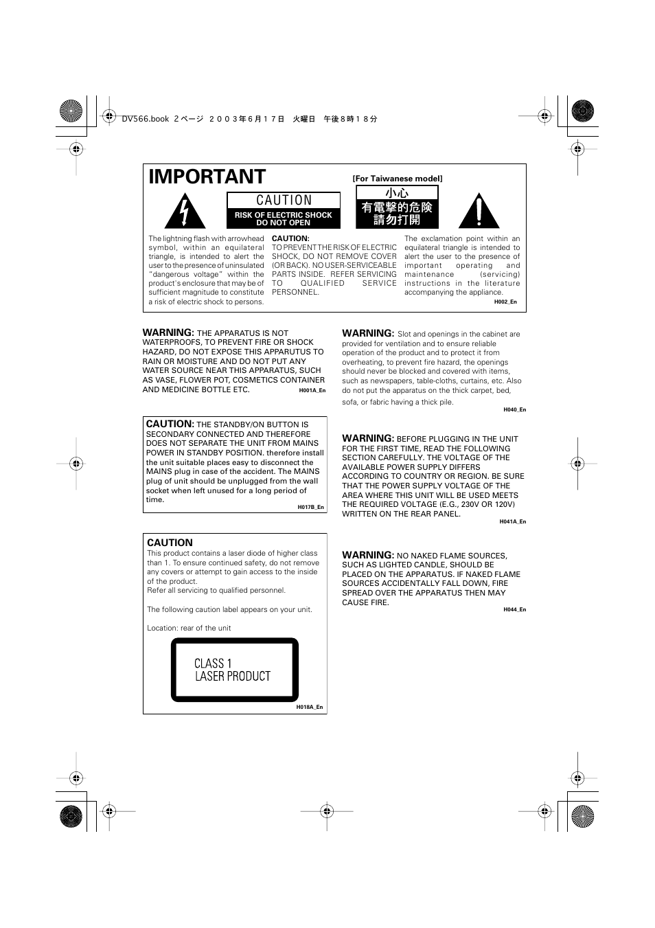 Important, Caution | Pioneer DV-566K-s User Manual | Page 2 / 76