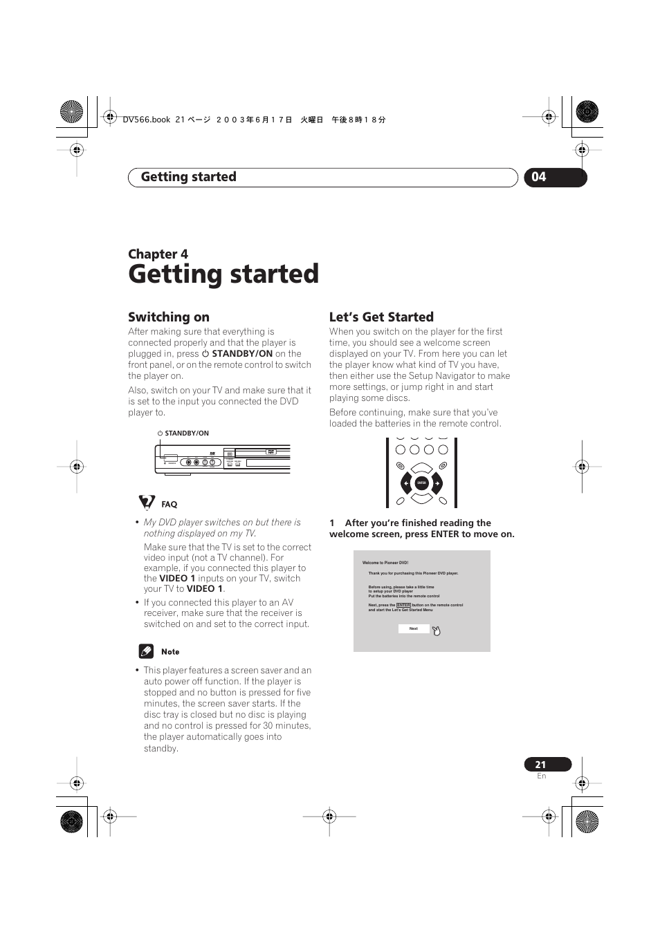 04 getting started, Switching on, Let’s get started | Getting started, Getting started 04, Chapter 4 | Pioneer DV-566K-s User Manual | Page 21 / 76