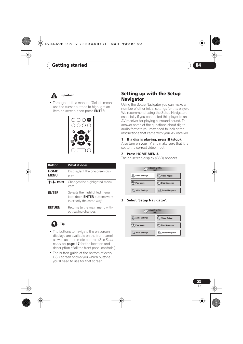 Setting up with the setup navigator, Getting started 04 | Pioneer DV-566K-s User Manual | Page 23 / 76