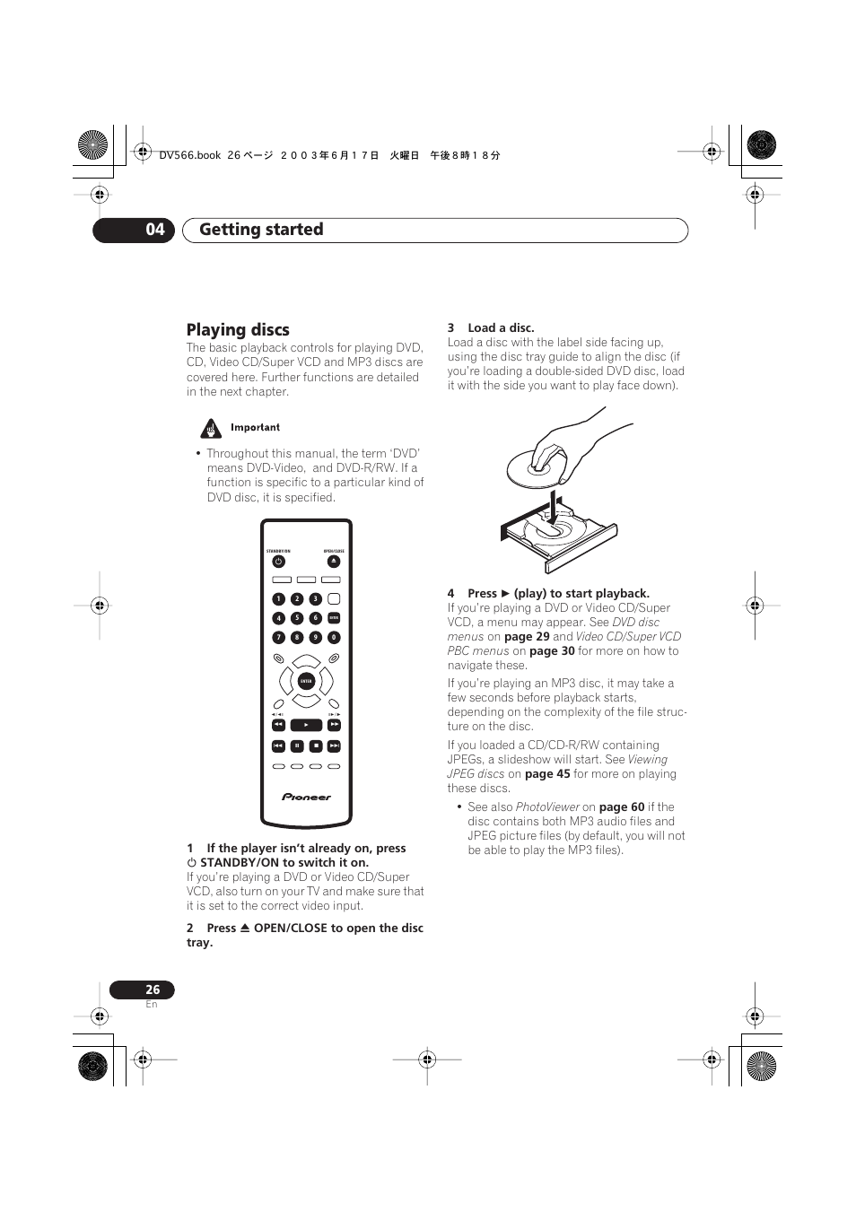 Playing discs, Getting started 04 | Pioneer DV-566K-s User Manual | Page 26 / 76