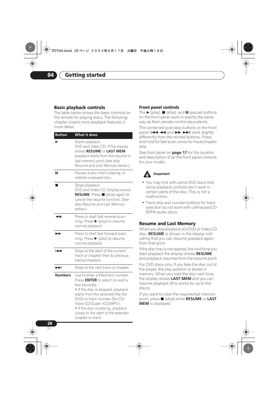 Basic playback controls, Resume and last memory, Getting started 04 | Pioneer DV-566K-s User Manual | Page 28 / 76