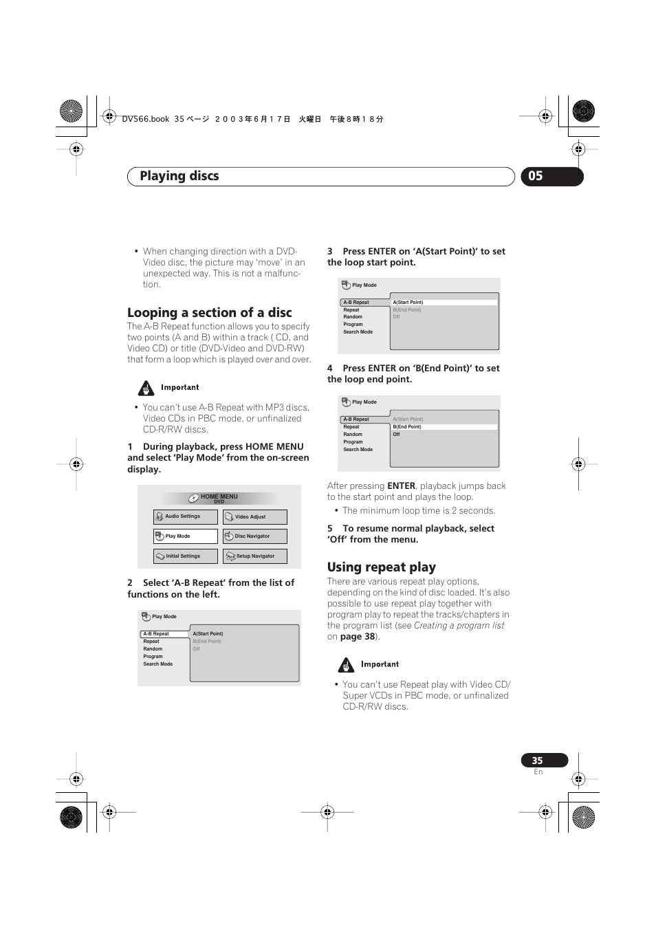 Looping a section of a disc, Using repeat play, Playing discs 05 | Pioneer DV-566K-s User Manual | Page 35 / 76