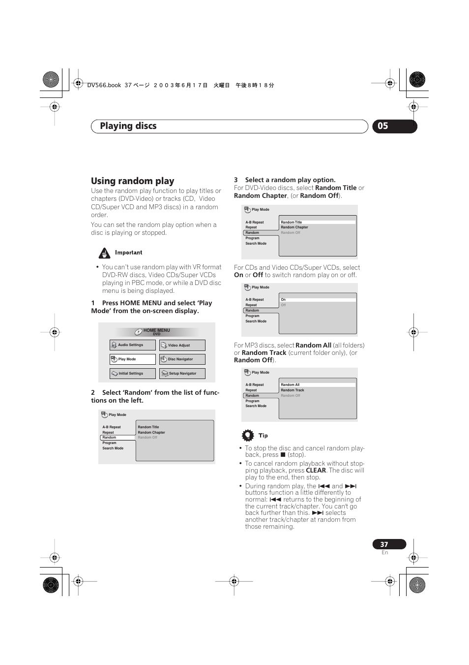 Using random play, Playing discs 05 | Pioneer DV-566K-s User Manual | Page 37 / 76