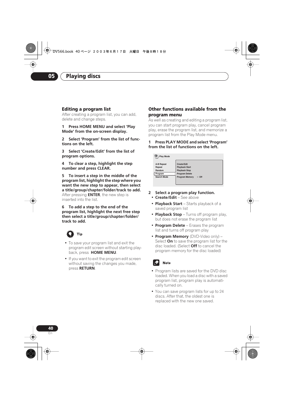 Editing a program list, Other functions available from the program menu, Playing discs 05 | Pioneer DV-566K-s User Manual | Page 40 / 76