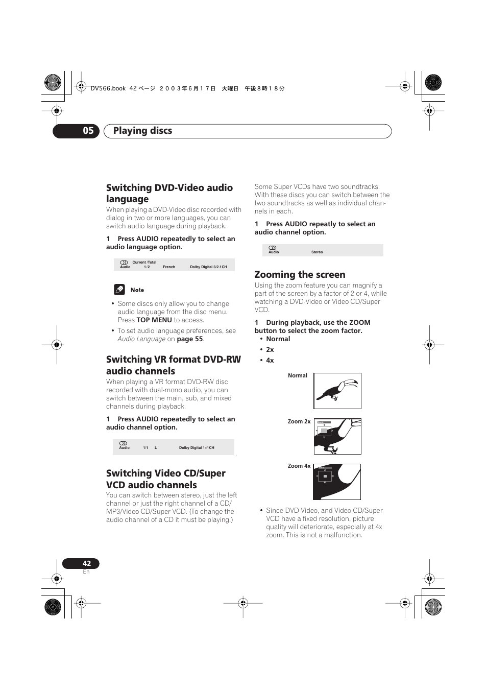 Switching dvd-video audio language, Switching vr format dvd-rw audio channels, Switching video cd/super vcd audio channels | Zooming the screen, Playing discs 05 | Pioneer DV-566K-s User Manual | Page 42 / 76