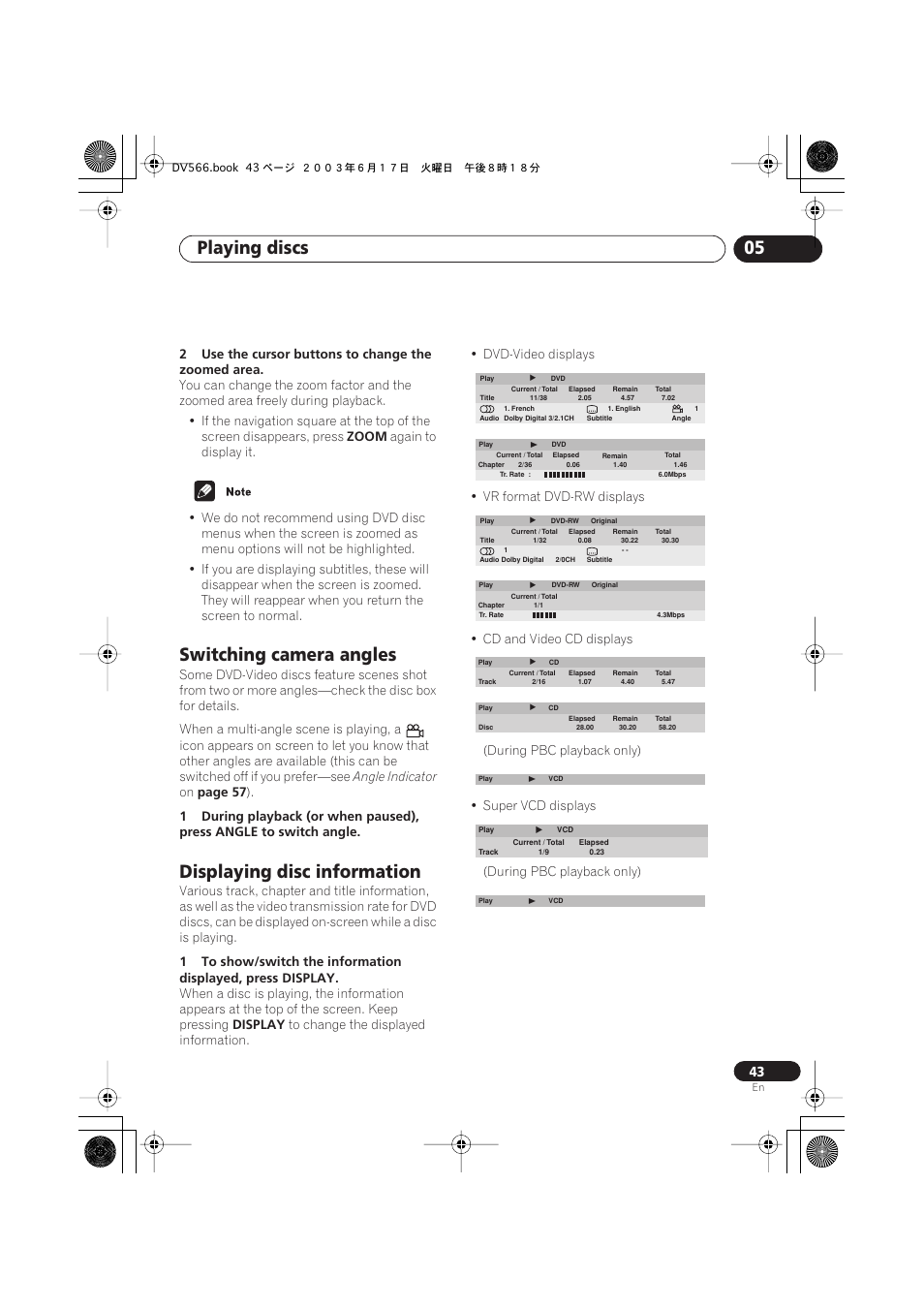 Switching camera angles, Displaying disc information, Playing discs 05 | Pioneer DV-566K-s User Manual | Page 43 / 76