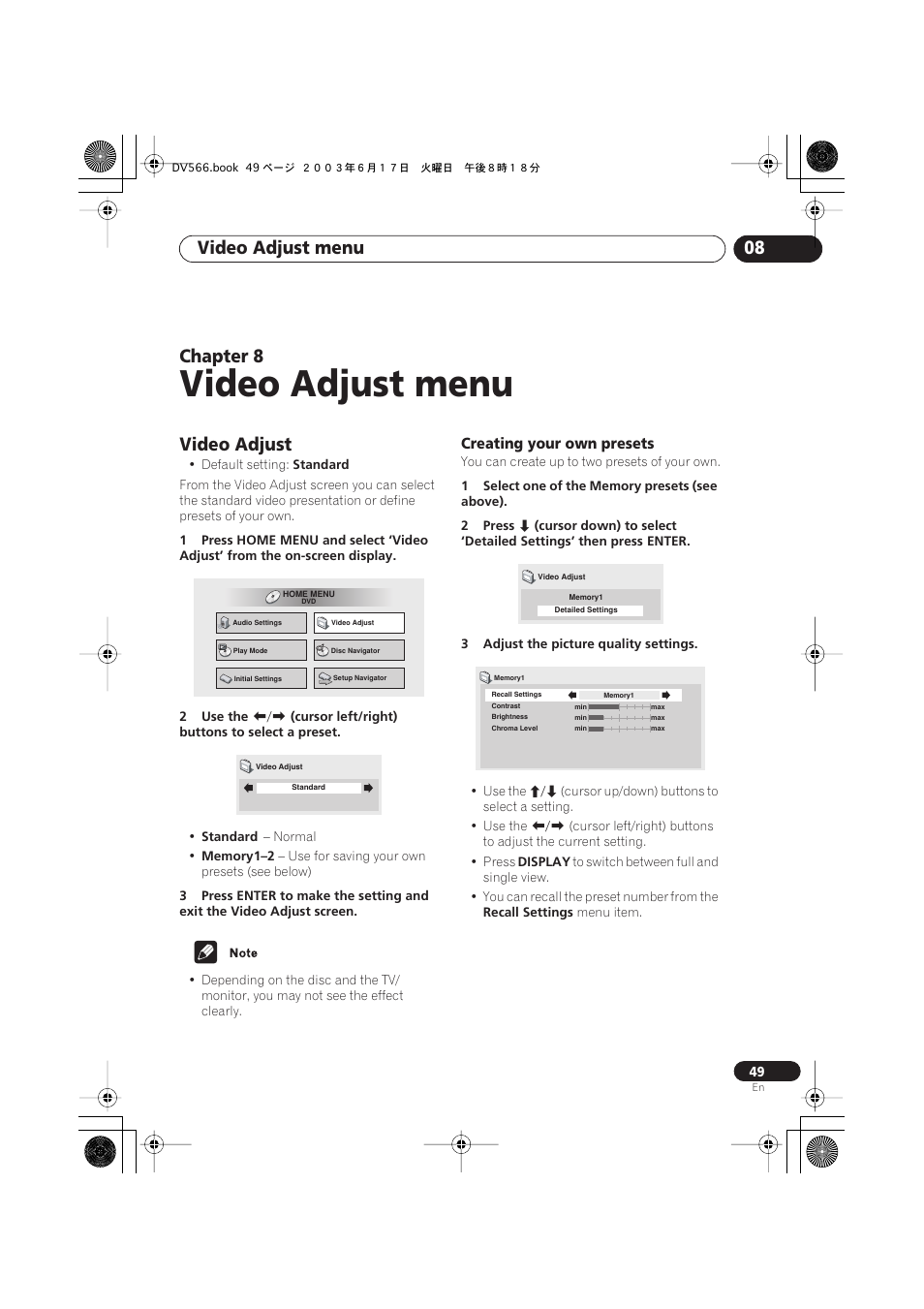 08 video adjust menu, Video adjust, Creating your own presets | Video adjust menu, Video adjust menu 08, Chapter 8 | Pioneer DV-566K-s User Manual | Page 49 / 76
