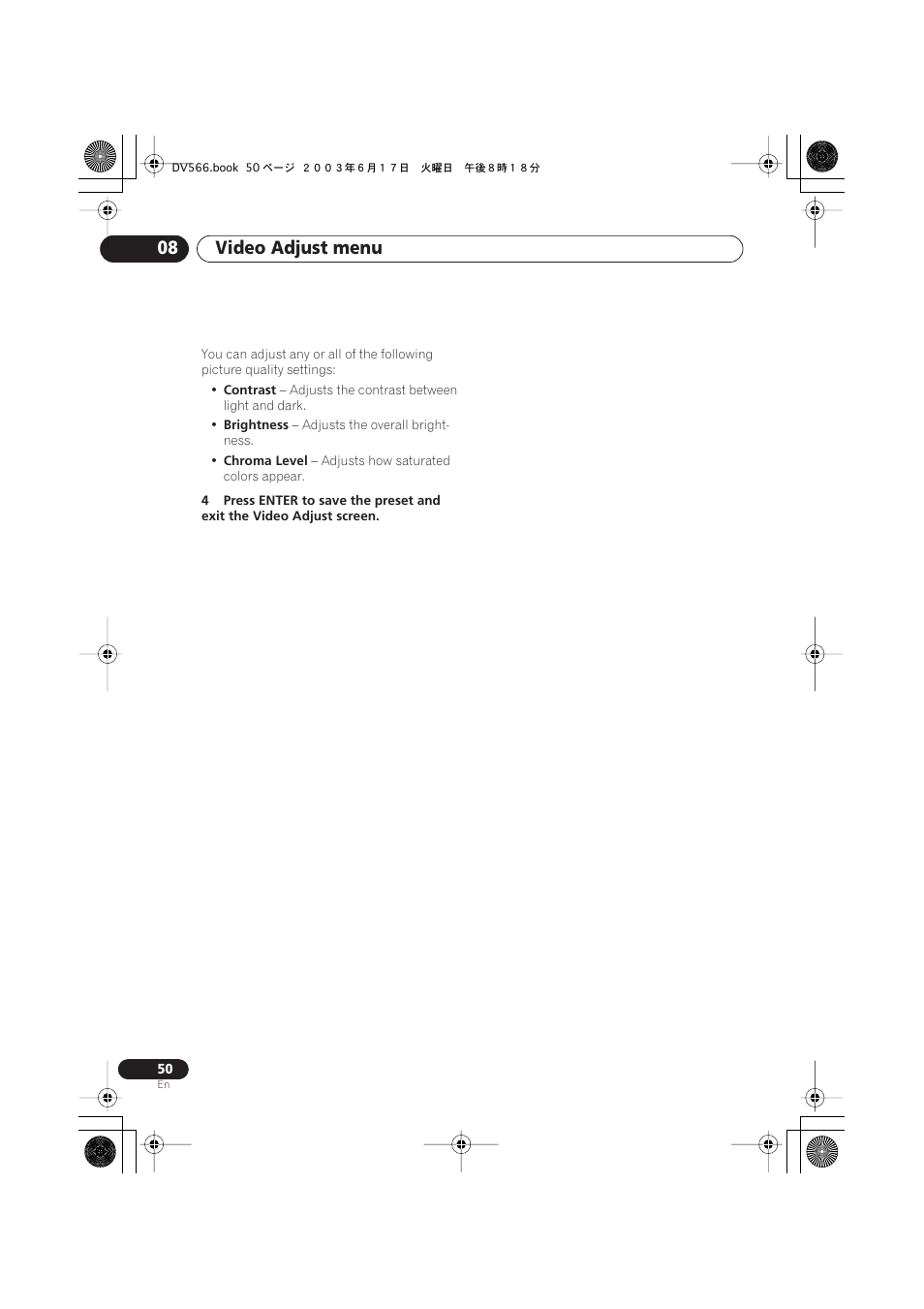 Video adjust menu 08 | Pioneer DV-566K-s User Manual | Page 50 / 76