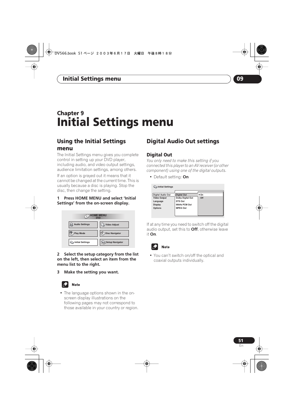09 initial settings menu, Using the initial settings menu, Digital audio out settings | Digital out, Initial settings menu, Initial settings menu 09, Chapter 9 | Pioneer DV-566K-s User Manual | Page 51 / 76