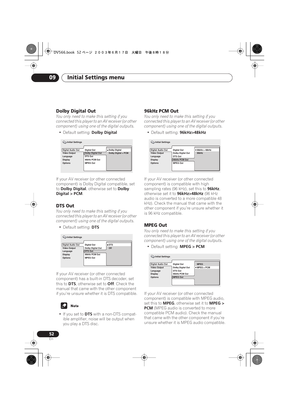 Dolby digital out, Dts out, 96khz pcm out | Mpeg out, Initial settings menu 09 | Pioneer DV-566K-s User Manual | Page 52 / 76
