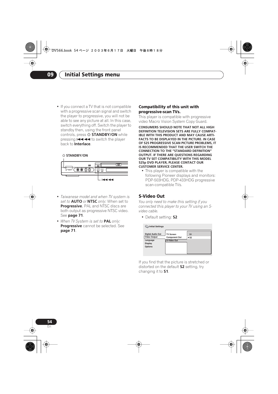 S-video out, Initial settings menu 09 | Pioneer DV-566K-s User Manual | Page 54 / 76