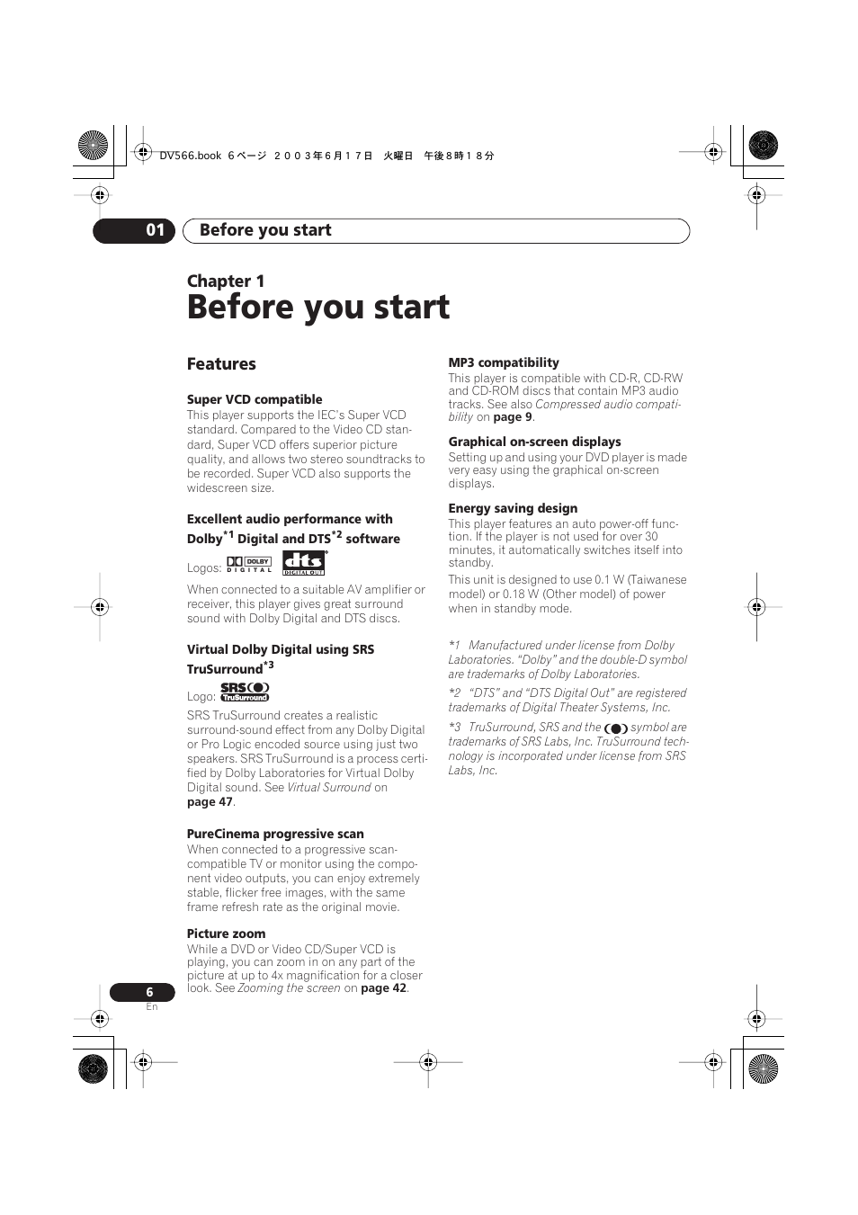 01 before you start, Features, Before you start | Before you start 01, Chapter 1 | Pioneer DV-566K-s User Manual | Page 6 / 76