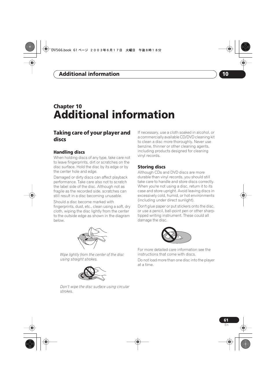 10 additional information, Taking care of your player and discs, Handling discs | Storing discs, Additional information | Pioneer DV-566K-s User Manual | Page 61 / 76