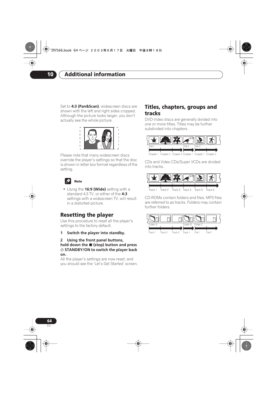 Resetting the player, Titles, chapters, groups and tracks, Additional information 10 | Pioneer DV-566K-s User Manual | Page 64 / 76
