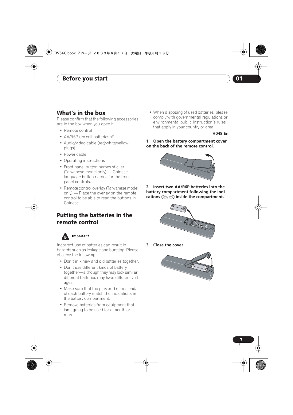What’s in the box, Putting the batteries in the remote control, Before you start 01 | Pioneer DV-566K-s User Manual | Page 7 / 76