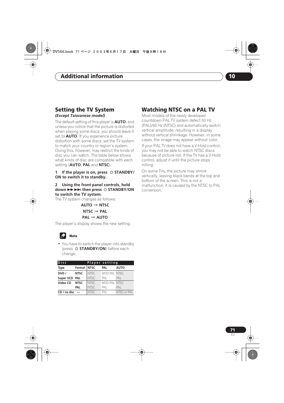 Setting the tv system, Watching ntsc on a pal tv, Additional information 10 | Pioneer DV-566K-s User Manual | Page 71 / 76