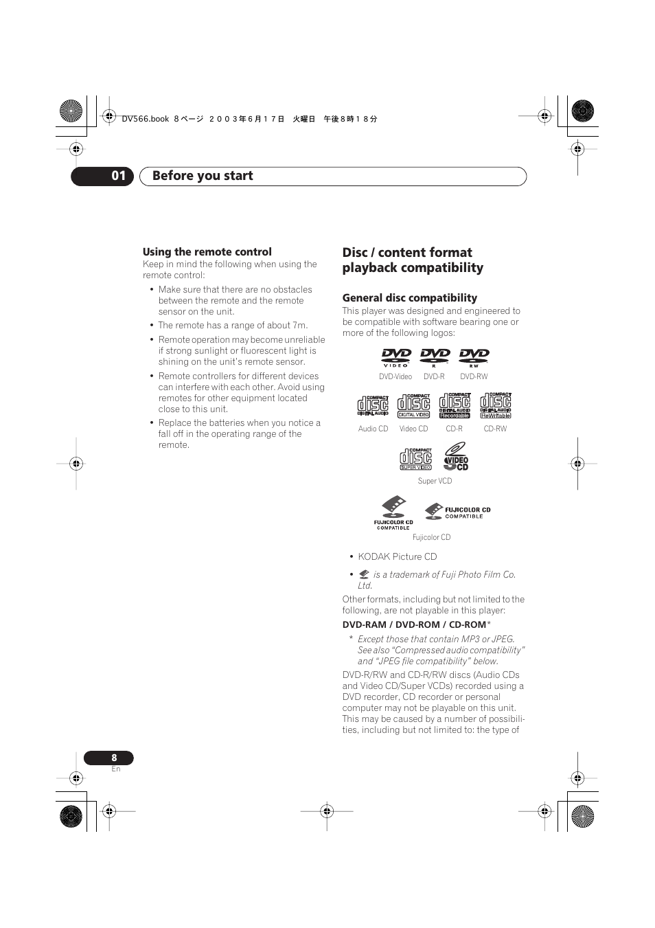 Using the remote control, Disc / content format playback compatibility, General disc compatibility | Before you start 01 | Pioneer DV-566K-s User Manual | Page 8 / 76